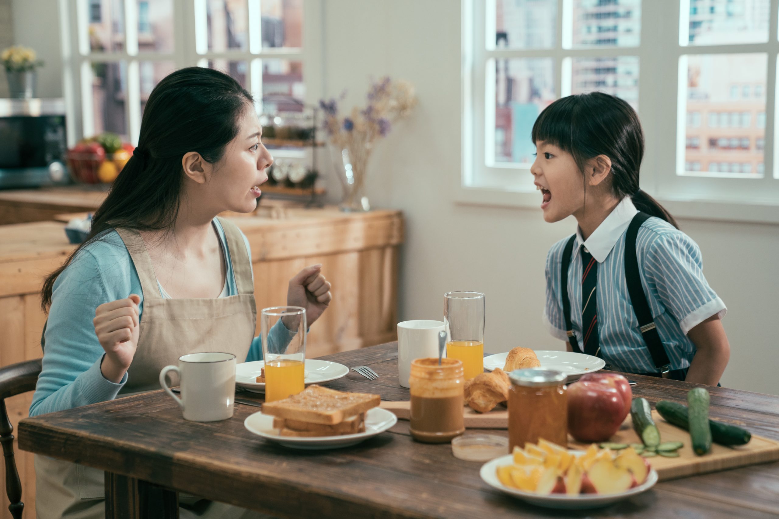 A mother and her child yelling at each other sitting on the breakfast table