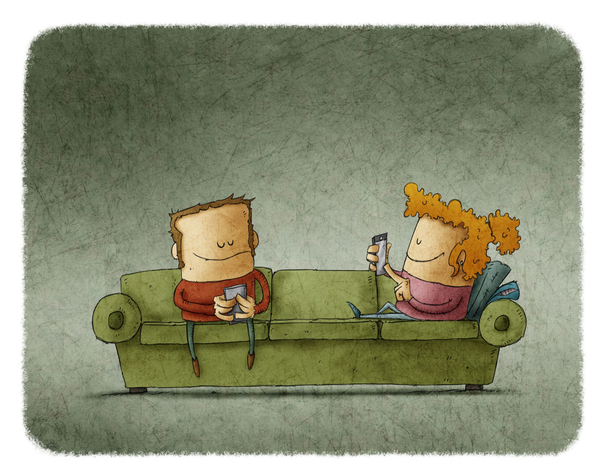 A cartoon couple using their phone on a sofa without talking to each other